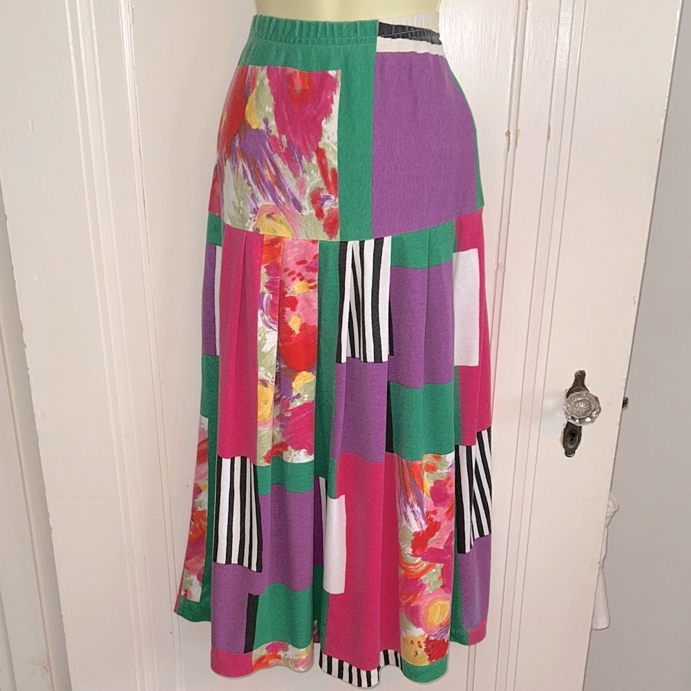 Vtg 80s Puzzles Brand Colorful Patchwork Midi/Maxi Knit Cotton/Polyester Skirt‎